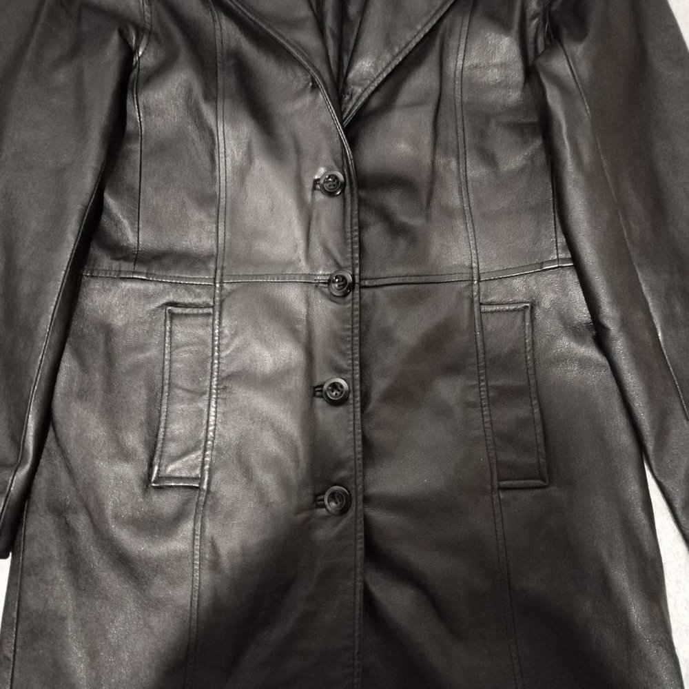 VTG C&A Jacket Women 14 Black Nappa Leather Trench Coat Long Leg Slit Steampunk - Picture 12 of 16